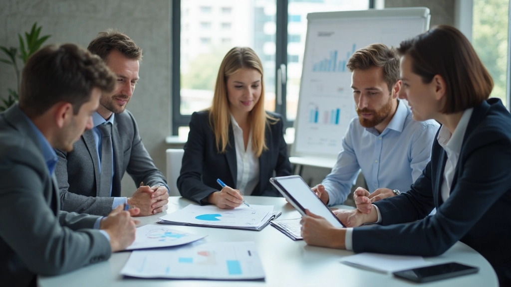 Команда анализирует финансовые показатели и графики роста на встрече в конференц-зале